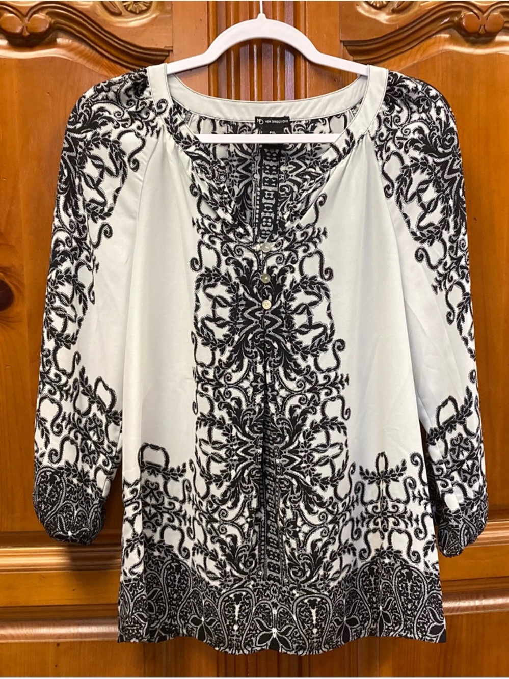 New Directions Black & White Boho Print Blouse PXL 3/4 Sleeve